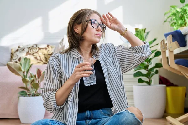 Mature Woman Suffering Headache Home Glass Water Health Stress Depression — Stockfoto