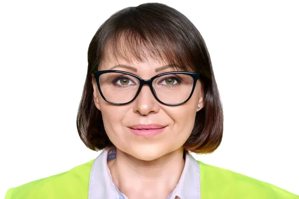 Headshot Portrait Industrial Mature Woman Protective Vest Glasses Looking Camera — Stockfoto