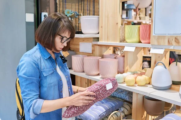 Mature Woman Choosing Sofa Cushions Modern Home Decor Store Shopping — Foto de Stock