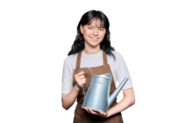 Portrait Young Smiling Woman Apron Watering Can Positive Teen Female — Φωτογραφία Αρχείου