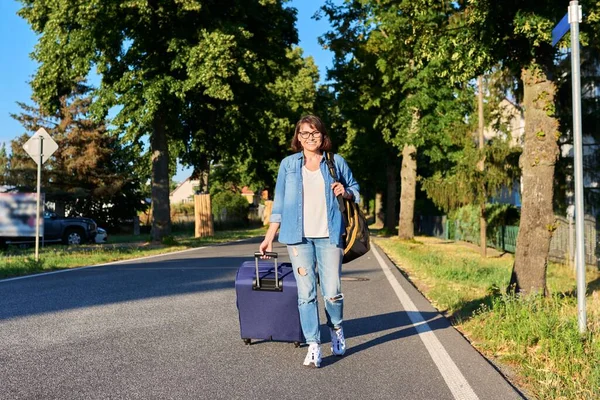 Woman Walking Road Street Suitcase Backpack Travel Tourism Journey Vacation — Fotografia de Stock