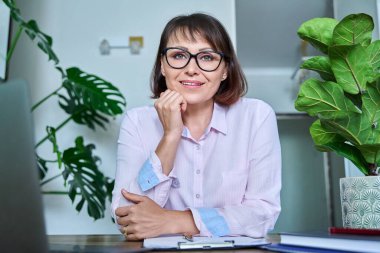 Webcam görüntüsü, merkez ofiste konuşan orta yaşlı bir kadın. Kameraya bakan bir kadın, görüntülü konuşma konferansı, psikolog terapistle uzaktan görüşme. İş eğitimi psikolojisi