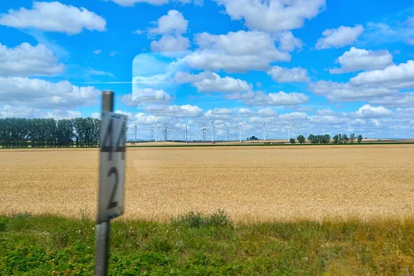 2022 Germany View Train Window Wind Turbines Agricultural Field Yellow — Stock Photo, Image