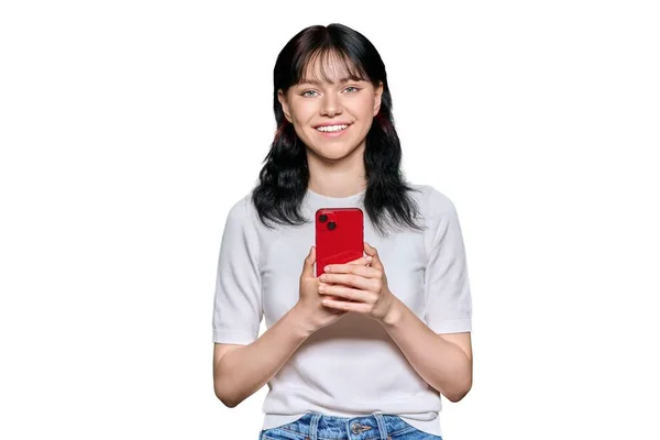 Portrait Young Teenage Female Student Smartphone Looking Camera White Isolated — ストック写真