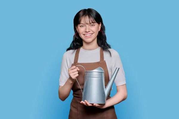 Portrait Young Smiling Woman Apron Watering Can Positive Teen Female — Photo