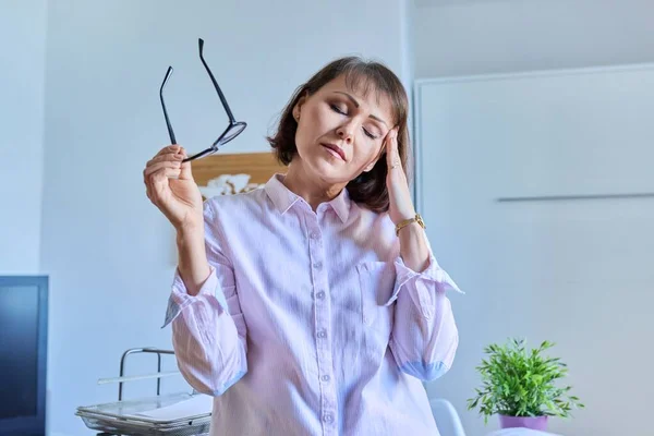Mature Tired Woman Experiencing Stress Headache Depression Female Taking Her — Stockfoto