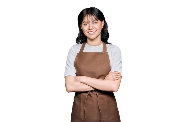 Smiling Confident Young Woman Staff Apron Looking Camera White Isolated — Photo