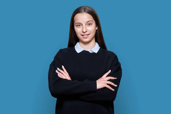 Confident Teenage Girl High School Student Looking Camera Blue Color — Zdjęcie stockowe