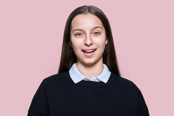 Portrait Teenage Student Girl Cheerful Looking Camera Pink Color Studio — Stock Photo, Image