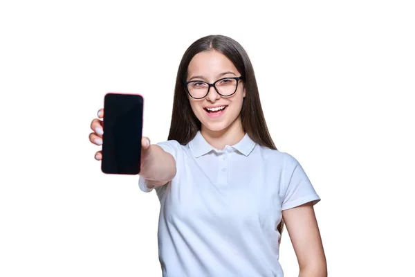 Teenage Student Girl Showing Blank Empty Smartphone Screen White Isolated —  Fotos de Stock