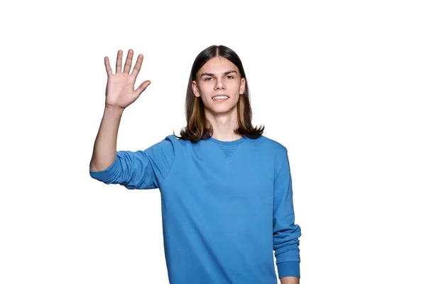 Young Guy Looking Camera Waving His Hand White Isolated Background —  Fotos de Stock