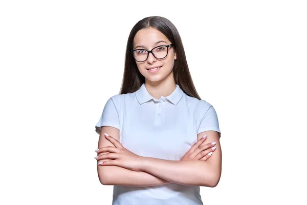 Confident Teenage Girl High School Student Looking Camera White Isolated — Fotografia de Stock