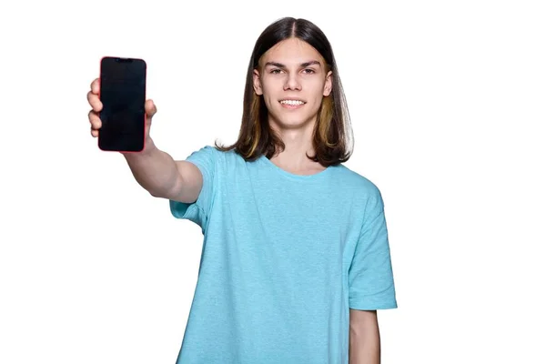 Teenage Handsome Guy Showing Blank Smartphone Screen White Isolated Background —  Fotos de Stock