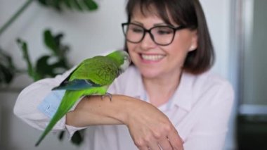 Mature woman at home with a pet parrot on her arm. Female owner talking to bird, kissing green Quaker parrot. Exotic birds, pets, friendship, care, love, animal concept