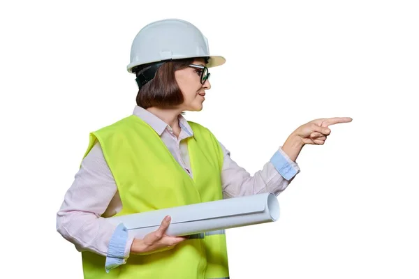 Woman Protective Helmet Points Her Finger Place Text Female Industrial — 图库照片