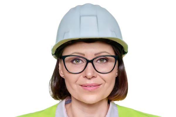 Headshot Portrait Female Industrial Worker Protective Hard Hat Vest White — стоковое фото