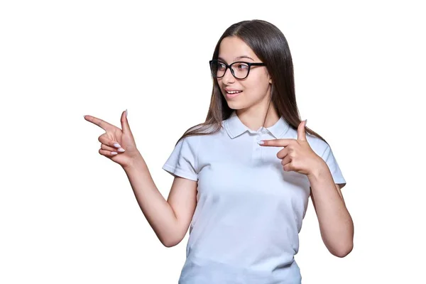 Teenage Adorable Girl Pointing Fingers Side Space Text White Isolated — Stockfoto