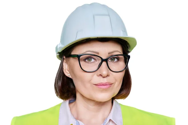 Headshot Portrait Female Industrial Worker Protective Hard Hat Vest White — стоковое фото