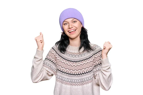 Portrait Happy Young Woman Sweater Knitted Hat Celebrating Winter Holidays — Foto Stock