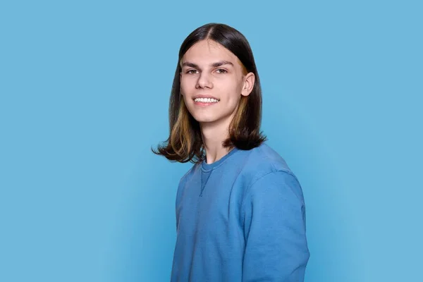 Headshot Portrait Cheerful Teenage Guy Looking Camera Blue Color Background — 图库照片