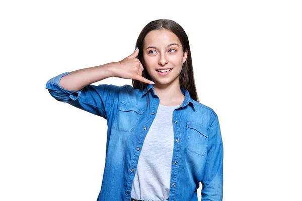 Smiling Teenage Female Making Phone Gesture Hand Fingers Showing Telephone — Stockfoto