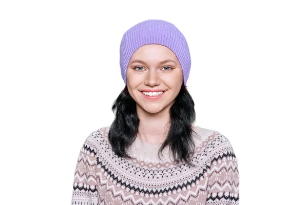 Portrait Young Woman Knitted Hat Woolen Sweater White Isolated Background — Stockfoto