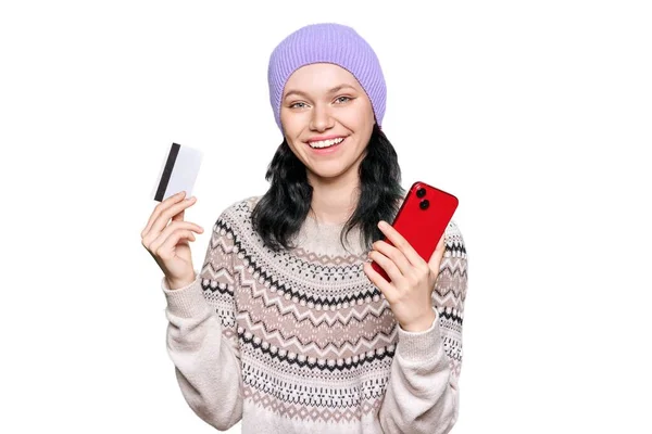 Beautiful Young Woman Sweater Hat Holding Credit Card Smartphone Looking — Stok Foto