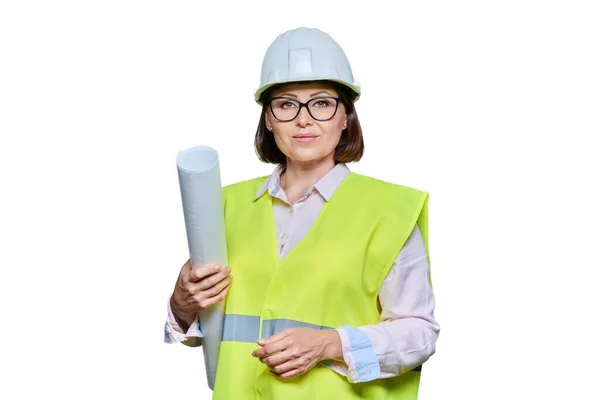Portrait Female Industrial Worker Tech Blueprint Wearing Safety Vest Hard — стоковое фото
