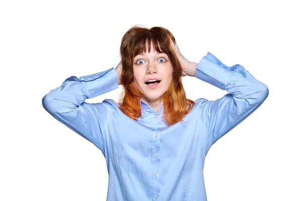 Surprised Young Teenage Female White Isolated Background Amazed Redhead Girl — Fotografie, imagine de stoc