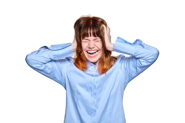 Screaming Emotional Young Female Closed Eyes Ears White Isolated Background — 图库照片