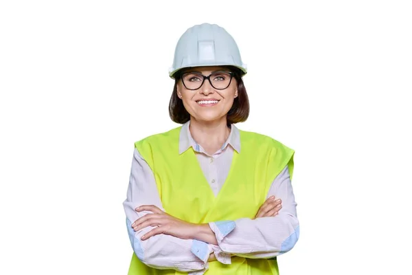 Портрет Женщины Промышленного Работника Защитном Шлеме Белом Изолированном Фоне Уверенная — стоковое фото