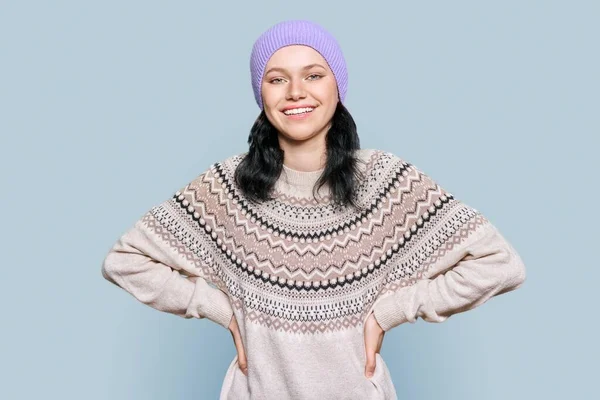 Portrait Young Woman Knitted Hat Woolen Sweater Light Gray Color — 图库照片