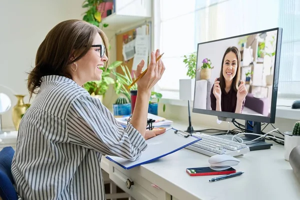 Mature Woman Talking Online Young Female Using Video Call Computer — Foto Stock