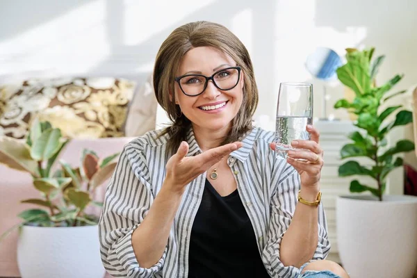 Smiling Mature Woman Glass Water House Middle Aged Female Drinking — 스톡 사진