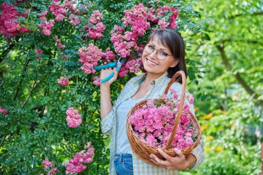 Beautiful middle aged smiling woman in garden caring for plants, rose bush with flowers. Happy mature female looking at camera in backyard. Leisure, hobby, floriculture, lifestyle, nature, 40s people