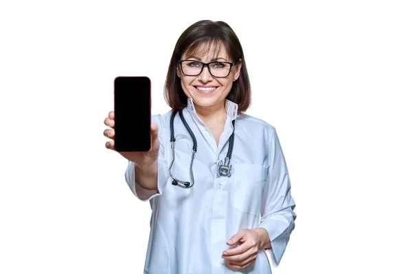 Woman Doctor White Uniform Stethoscope Showing Smartphone Screen Camera White — Stock fotografie