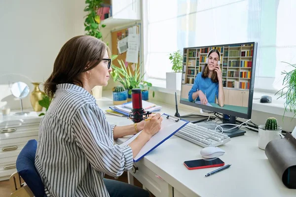 Mature Woman Talking Online Teenage Male Using Video Call Computer — Stock Photo, Image