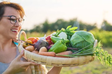 Close up basket of many different fresh raw organic vegetables in farmer woman hands, summer nature vegetable garden background. Harvest vegetables from organic farm, healthy food nutrition, gardening