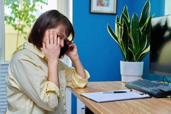 Sad Middle Aged Woman Talking Phone Upset Mature Female Having — Zdjęcie stockowe