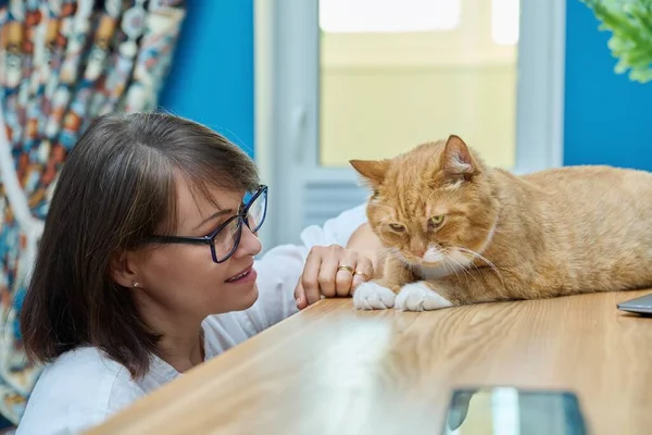 Middle Aged Woman Talking Ginger Pet Cat Home Interior Background — Fotografia de Stock