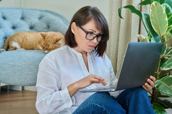 Middle aged woman using laptop along with sleeping cat lying on armchair at home, female using laptop for leisure and work. Home leisure, lifestyle, pet, 40s people concept