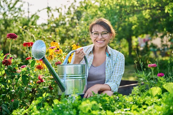 Outdoor Portrait Woman Watering Can Vegetable Garden Summer Season Smiling — Stok Foto