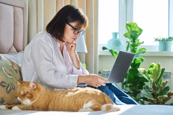 Middle Aged Relaxed Woman Together Sleeping Ginger Red Old Cat — Foto Stock