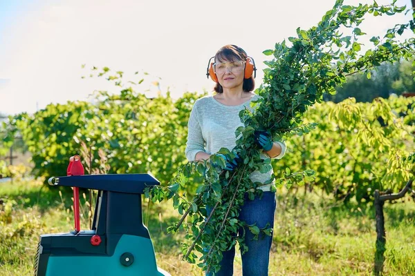 Vrouw Die Elektrische Tuinversnipperaar Gebruikt Voor Takken Struiken Tuinieren Schoonmaken — Stockfoto