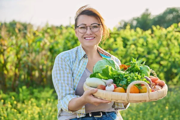 Portrait Smiling Middle Aged Woman Basket Different Fresh Raw Vegetables — 图库照片