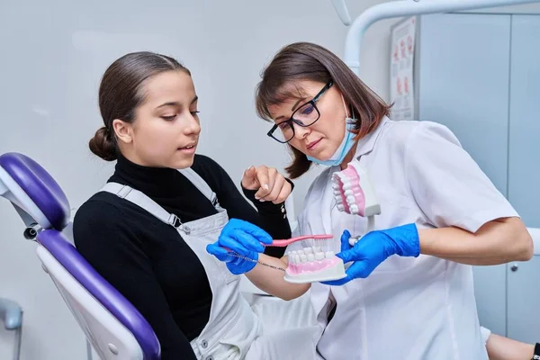 Teenage female sitting in dental chair at dentist checkup, doctor with dental jaw model and toothbrush telling and showing teenager dental care. Adolescence hygiene treatment dental health care