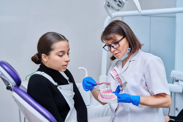 Teenagerin Sitzt Zahnarztstuhl Bei Der Zahnarztuntersuchung Ärztin Mit Kiefermodell Und — Stockfoto