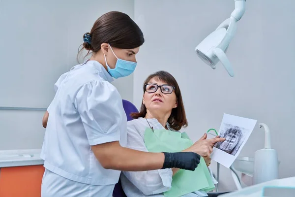 Zahnärztin Gespräch Mit Patientin Mittleren Alters Zahnarztstuhl Über Röntgenaufnahmen Von — Stockfoto