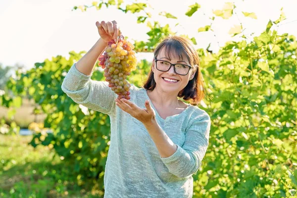 Glimlachende Vrolijke Vrouw Met Grote Bos Rijpe Roze Rozijnendruiven Haar — Stockfoto