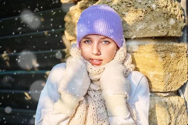 Retrato Una Joven Mujer Hermosa Mirando Cámara Con Copos Nieve —  Fotos de Stock